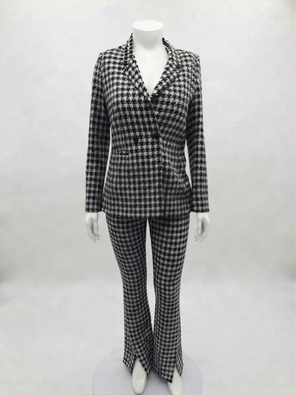 ANINE BING Houndstooth Pantsuit Blazer Flare Pants Black White Wool Blend Size L